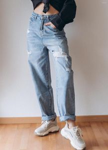 Women's Jeans High Waist Straight Ripped Women 2023 Blue Denim Trousers Korean Fashion Streetwear Loose Pants
