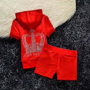 Coutoure Juicy Zweiteiliger Samt-Trainingsanzug für Damen, Sweatsuits, European Crown Hot Diamond, lässiges Shorts-Ärmel-Modeset