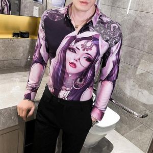 Seksowna piękno dziewczyna nadruk Mężczyźni 2021 Długie rękaw Czarne białe fioletowe koszule dla mężczyzn Designer Camisa Hombre Casual Club Prom V2172269