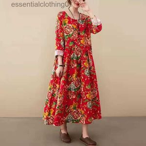 Basic Casual Dresses Spring Autumn New Ethnic Style Featured Big Red Long Robe Femme Revival of Literature and Art O-Neck Floral Print Loose Dress L230918