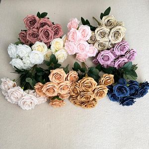 Decorative Flowers European Style Simulation 9 Roses Bouquet Home Decoration Diamond Rose Handle Artificial