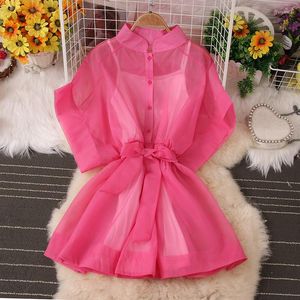 Casual Dresses Short Skirt Women Suit Camisole Waist Tie Single-breasted Button Stand-up Collar Dress Pink Two-piece Set Mini
