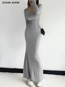 Urban Sexy Dresses Sexy Square Collar Knitted Cotton Maxi Long Mermaid Dress Women Full Sleeve Stretch Basic Bodycon Fishtail Robe Vestido 230918