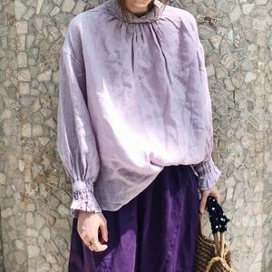 Женские блузки Johnature, осень 2023, японские винтажные льняные рубашки с кружевной отделкой и длинными рукавами, женские свободные пуговицы сзади
