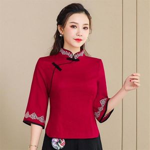 Ethnic Clothing Ladies Chinese Tops Blouses Traditional Top Embroidery 3 4 Sleeve Cheongsam Style Shirt Women'S Qipao TA2144300m