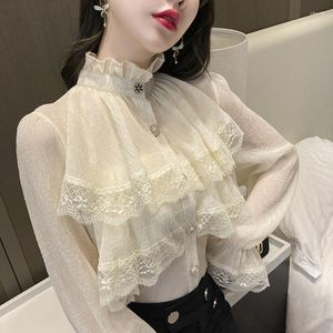 Kvinnors blusar viktorianska topp gotiska lolita blusevictorian vita ruffles står krage lykta ärm medeltida vintage skjortor kvinnor plus