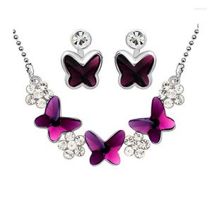 Necklace Earrings Set Black And Purple Austria Crystal Stud Jewelry Silver Butterfly For Women Wedding Se