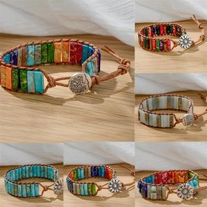 Pedra natural envoltório de couro frisado pulseiras artesanais moda 7 chakra masculino feminino flor árvore da vida cura yoga pulseira bangle272y