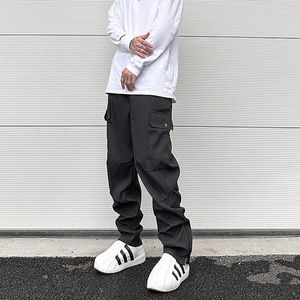 Men's Pants Street Wear Black Functional Tapered Cargo Trousers For Men Waterproof Pockets Pleated Zip Up Overalls Nylon Belt Clothes