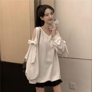 Felpe con cappuccio da donna Kawaii Preppy Off spalla Y2k Felpa da donna Versione coreana Moda dolce e carino fiocco grigio T-shirt a maniche lunghe allentate