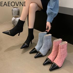 Boots Design Luxury Heels ankel Kvinnor Fashion Point Toe High Heel Short Booties Lace Up Ladies Street Style Shoes Mujer 230918