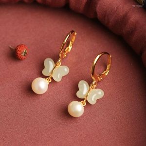 Baumelnde Ohrringe, Vintage, natürlich, Jade, Schmetterlinge, für Frauen, süß, chinesischer Stil, Perlentropfen, kurze Ohrringe, exquisite Schmuckgeschenke