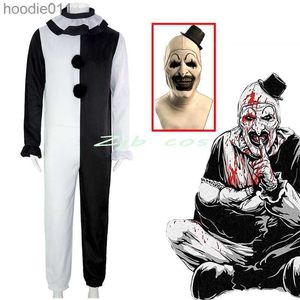 Kostüm Aksesuarları Kostüm Palyaço Joker Cosplay Com Maske Terrier Tulum Kadın Erkekler Cadılar Bayramı Korku Siyah Beyaz Bodysuit TV Sanat Palyaço Kıyafetleri Seti L230