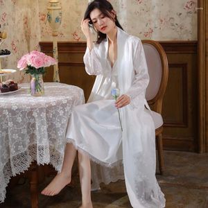 Women's Sleepwear Fairy White Satin Robe And Nightgown Women Sexy Nighty Princess Nightwear Long Night Dress Embroidery Lace Sets