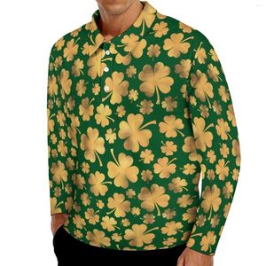 Herrpolos st patricks dag casual t-shirts män guld folie shamrocks långärmad polo skjortor krage nyhet hösten anpassad skjorta plus storlek