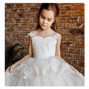 Girl Dresses Applique Delamination Flower Dress White Tulle Lace Wedding Princess First Communion Birthday Party Present