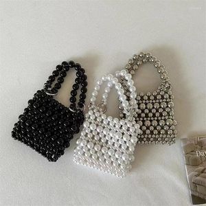 Evening Bags Summer Handmade Pearl Mobile Beaded Woven Vintage Hollow Out Ladies Designer Purses And Handbags With Long Metal Chain