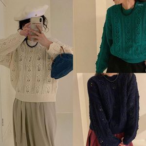 Suéteres femininos mulheres 2023 sest primavera lã estilo vintage oco out crochê camisola de malha pulôver top