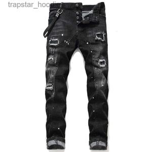 Men's Jeans Unique Mens Distressed Ripped Blue Skinny Jeans Fashion Designer Slim Fit Washed Motocycle Denim Pants Panelled Hip Hop Biker Trousers 1046 L230918