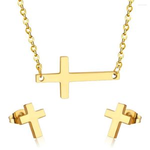 Necklace Earrings Set LUXUKISSKIDS Punk Stainless Steel Cross Gold Dubai Earring Jewellery Sets For Women Accessories