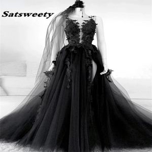 Gotycka czarna sukienki na studniówkę seksowną nie pleców wysoką boczną rozdzielenie A-line wieczorowa sukienka koronkowa formalne sukienki imprezowe z zasłoną szatą de soiree221g