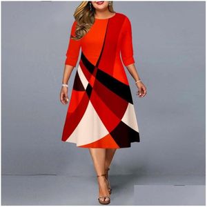 Plus Size Dresses Dress 2022 Elegant Geometric Print Party Autumn Ladies A-Line Red Midi Year Evening Club Outfits 5xl Drop Delivery DH7VA