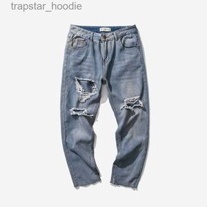 Mäns jeans rufsade jeans herr gata hip hop casual tunna sektion lösa byxor mode nio poäng skateboard byxor l230918