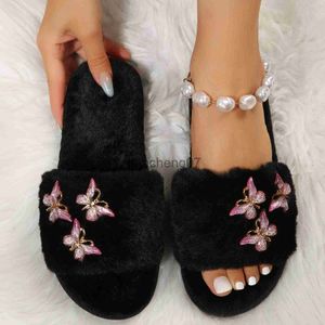 Slyckor Butterfly Decorative Plush Winter Women's Shoes Inomhus House Cotton Tisters Hem varmt utanför de platta bottenfällorna X0916