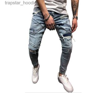 Jeans da uomo Jeans da uomo stile safari a righe stile safari graffiato jeans neri skinny strappati pantaloni slim tascabili elasticizzati distrutti con fori Jeans da uomo X0621 L230918