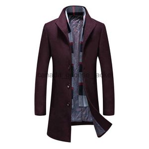 Misturas de lã feminina 2022 moda masculina casaco de lã de inverno médio longo cachecol gola de algodão acolchoado grosso quente casaco de lã masculino trench overcoatL230918