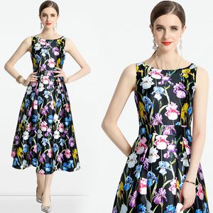 Boutique Women Floral Dress Sleeveless Printed Dresses Summer Autumn Mid Dresses High-end Elegant Lady Dress OL Runway Dresses Party Dress