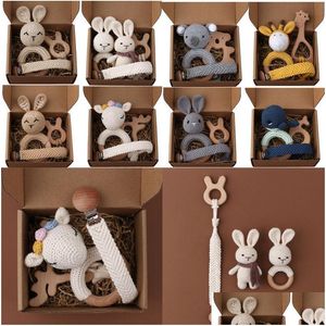 Baby Teethers Toys 1Set Cloghet Bunny Teether Rattle Safe Beech Wooden Ring Pacifier Clip Chain Set Born Mobile Gym Educational Toy Dr Dhh4Y