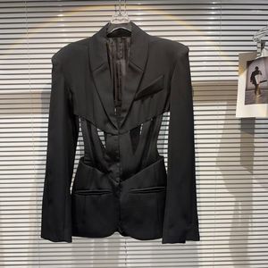 Women's Suits BORVEMAYS Temperament Blazer Black Hollow Out Slim Tailored Collar Long Sleeve Solid Color Autumn Coat Women WZ3892