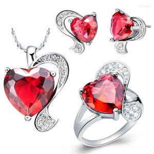 Necklace Earrings Set Sexy And Women Wedding Birthday White Gold Red Heart Shape Zircon Necklace/Ring/Earrings T069-6#