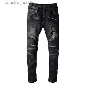 Jeans masculinos homens angustiados dobra skinny jeans preto designer de moda lavado plissado painéis zíper slim fit motociclista hip hop calças jeans 1089 l230918