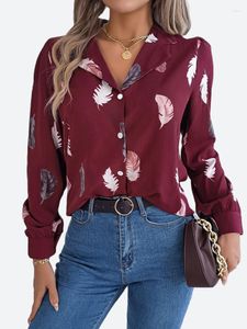 Kvinnors blusar Benuynffy Womens Casual Boho Feather Print Shirts 2023 Fall Button Down hacked Neck Long Sleeve Workwear Tops