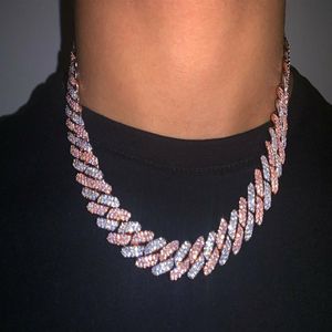 14 mm Iced Pink Cuban Link Prong Choker Naszyjnik Silver Rose Gold Cuban Link z białym różowym diamentami Biżuteria z cyrkonu 7INC293p