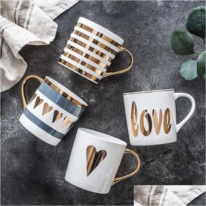 Muggar Creative Gold Ceramic Mug Coffee Cup China Bone Milk Tea Love Heart Stripe Drinkware 350 Ml Home Kitchenmugs Drop Delivery Garden DH6JL