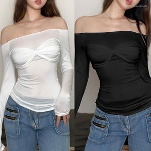 여자 T 셔츠 여성 패션 가을 가을 긴 소매 작물 탑 섹시 오프 어깨 ruched bodycon 티셔츠 h7ef