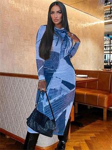 Casual Dresses WJFZQM Fashion Denim Print Long-sleeved Long Dress For Women Elegant Bodycon Sexy Club Party Evening Maxi 2023 Autumn