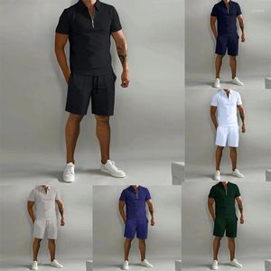 Fatos de treino masculino verão polo camisa shorts 2 peças define casual zíper solto manga curta cor sólida esportes