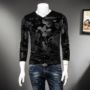 New spring and autumn men's tops long-sleeved T-shirts golden velvet V-neck youth Korean-style slim bottoming shirts 2023 tre319O