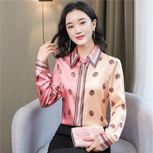 Runway Designer Silk Satin Shirt Lång ärm Kontrast Färg Spring Autumn Winter Womens Luxury Tops Elegant Office Ladies Printed 284i