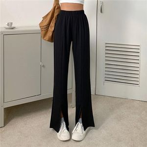 Calça feminina solta calça reta casual grande cintura alta perna larga mulher elástica