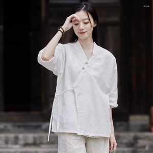 Kadın bluzları johnature kadın Çin tarzı keten gömlekler ve üst renkler 2023 Sonbahar V yakalı yedi kollu düğme vintage