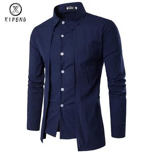 Ny ankomst Autumn Men Shirt 2019 Unik design Fake Two Pieces Stylish Mens Dress Shirt Lång ärm Lång ärm Casual Slim Fit Male Shirts241s