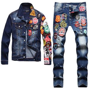 Moda magro fatos de treino multi-crachá denim jaqueta e jeans conjuntos de duas peças outono inverno masculino bordado emblema casaco e stre255l