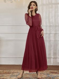 Повседневные платья, женское элегантное платье макси, весна-лето 2023, кружевное сетчатое платье с круглым вырезом и длинным рукавом с поясом, турецкое вечернее платье, Vestido
