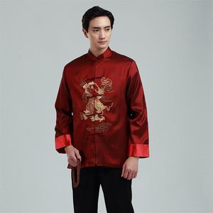 Medelålders och äldre tang kostym jacka män långärmad skjorta kinesisk traditionell cheongsam toppar retro broderad drake etnic264j