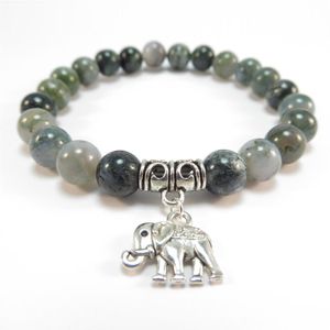 SN1120 Bracciale Mala con elefante sacro Guarigione Mala Yoga Gioielli Muschio Agata Zen Bracciale con perline Regalo di Natale193G